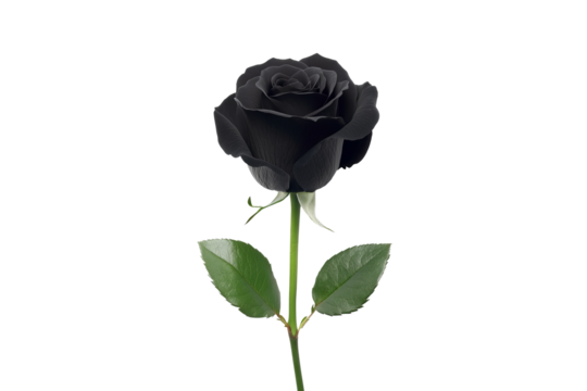 Single dark rose stands upright with a vibrant green stem and leaves against a plain background.