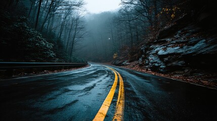 Fototapeta premium Winding Road Through Misty Forest