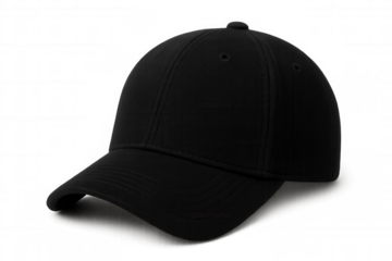 Classic black baseball cap shown at an angle on a transparent background, ideal for showcasing designs or logos