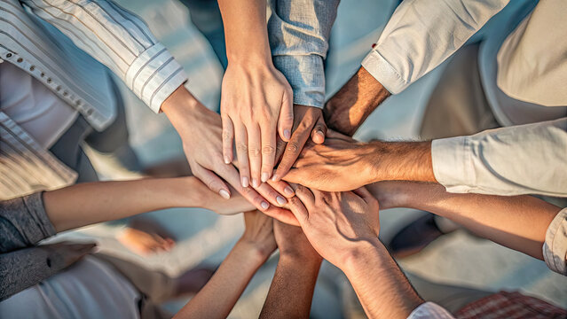 Company culture and values articulating concept. Diverse group of hands together symbolizing unity and collaboration.