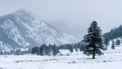 Obraz premium Snow covered mountain landscape with pine trees under cloudy sky