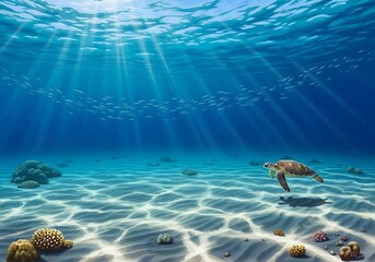 Fototapeta premium Sunlight streams through tropical ocean waters illuminating sandy seabed