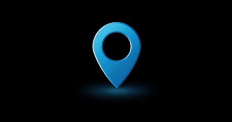 Bright blue map pin icon on a black background representing location or navigation