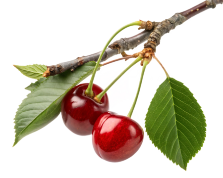 Two ripe cherries hanging on a branch with vibrant leaves against a black background a tempting and healthy snack