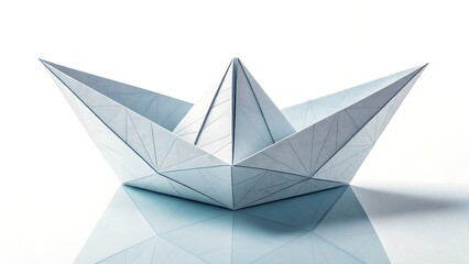 A folded paper boat sits on a reflective surface in bright light