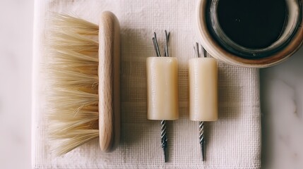 Natural shoe care kit on marble, beeswax polish