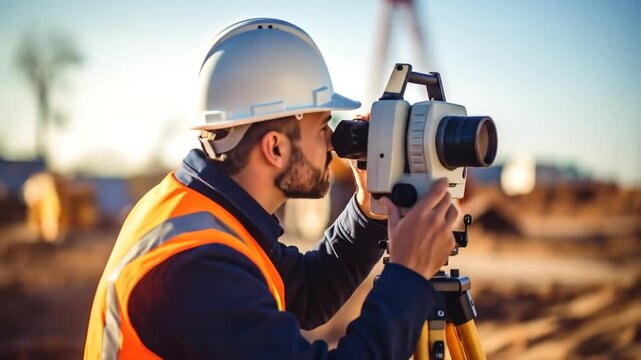 Engineer surveying land at construction site with theodolite with sunny day.