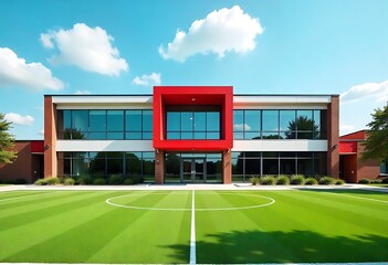 Fototapeta premium Modern school building with brick facade and glass windows, featuring sports field, playground, and athletic facilities under blue sky, symbolizing education, learning, architecture, and communit.