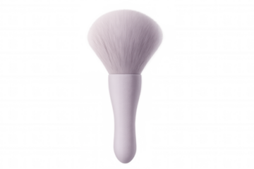 Purple makeup brush bristles positioned near cosmetic tools, soft synthetic fibers blending professional beauty technique