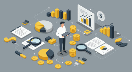 An isometric illustration of market analysis. A man is standing and holding a tablet while surrounded by business-related icons