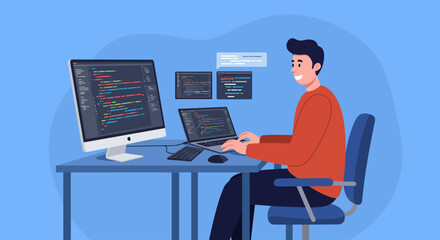 An illustration of a programmer working at a desk with a desktop computer and a laptop