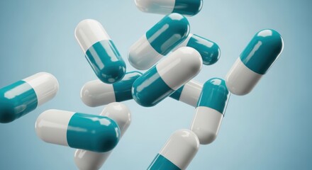 Floating capsules in blue and white against a light blue background in a medical concept image