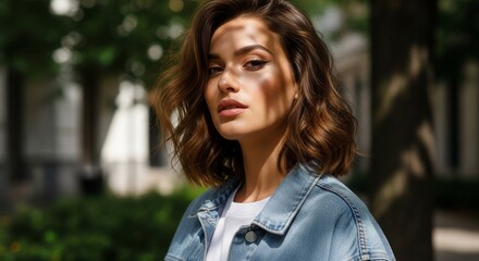 Fototapeta premium Stylish young woman with dappled sunlight on her face posing outdoors in a park.