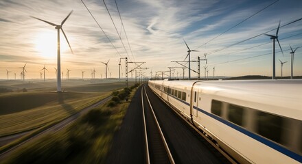 Modern high speed train on railway tracks passing through a scenic wind farm with rolling hills at golden hour.