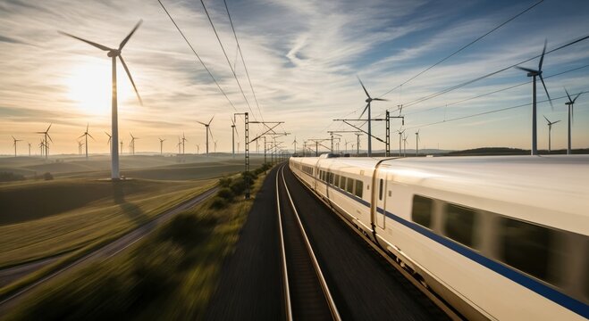 Modern high speed train on railway tracks passing through a scenic wind farm with rolling hills at golden hour.
