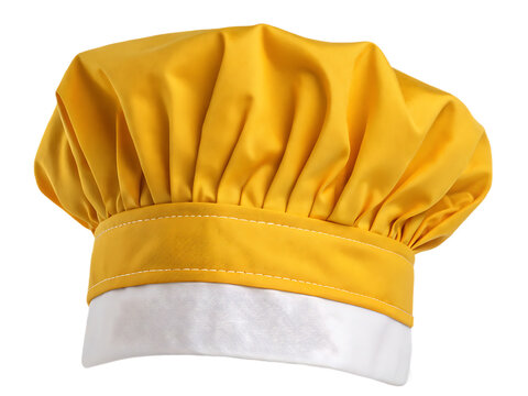 Chef hat, yellow satin with white underband and stitched brim, soft folded crown and rope-like band, studio isolated close-up on clean background
