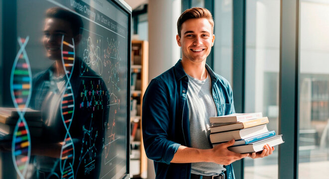 Smiling university student holding books in science library with dna double helix projected on screen