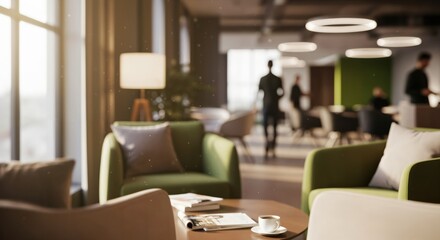 Sunlit corporate lounge with comfortable seating. Blurred view of professionals in a modern workplace interior.