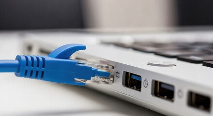 Blue Ethernet Network Cable Plugged into a Laptop Port. Close-up of an RJ45 Connector for a Wired Internet Connection. Technology and Connectivity Concept.