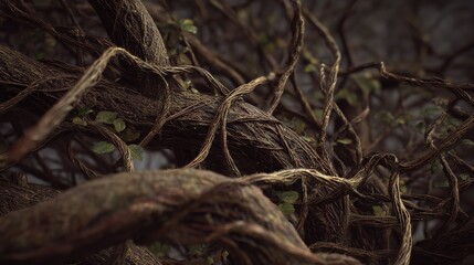 Intricate Network of Brown Vine Roots and Branches in a Forest Clearing Landscape.