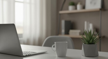 Fototapeta premium Clean modern home office desk with laptop, coffee mug, and succulent plant. Bright and minimalist workspace for remote work or studying.