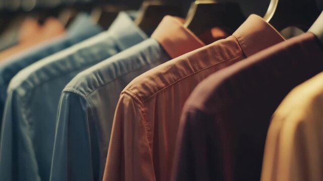 Variety of men's button-up shirts on display in a clothing store.