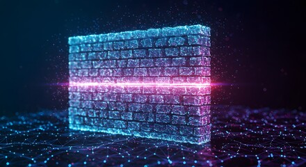 Futuristic neon firewall protecting a digital network. Concept of cybersecurity, data privacy, and information defense.