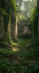 Decayed corridor overgrown with lush vegetation.  Sunlight filters through the foliage