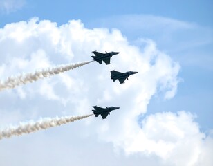 Three jets in formation, smoke trails, cloudy sky