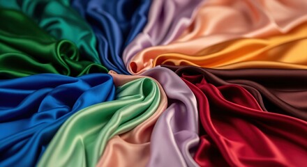 A vibrant swirl of colorful silk fabric. Luxurious satin textiles arranged in a beautiful, flowing abstract pattern.