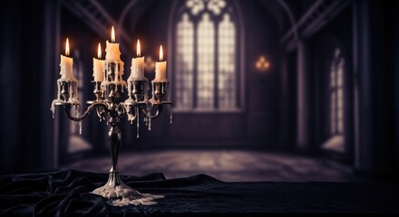Vintage candelabra with burning candles on a table in a dark, spooky gothic hall. Mysterious and atmospheric background.