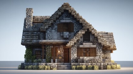 A charming, two-story stone cottage with a steeply pitched, thatched roof, featuring wooden accents, small windows, a visible ladder, and a lit entryway, set against a minimalist backdrop