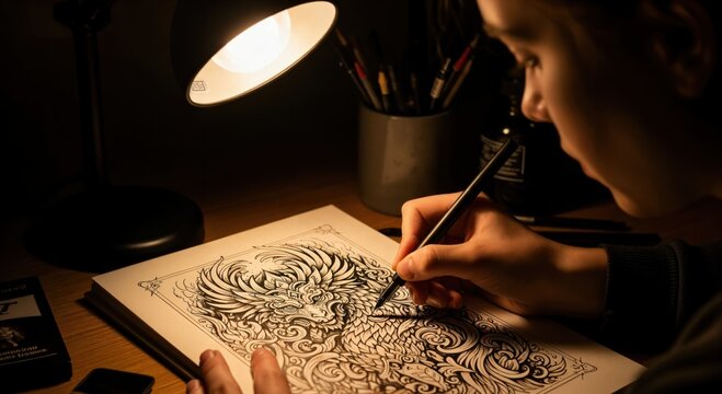 Young artist meticulously drawing an intricate mythical creature with a pen under a warm desk lamp at night.