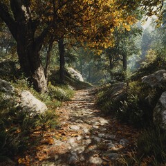 Obraz premium Autumnal Path Through a Verdant Forest, Sun-Dappled Light Illuminating Tranquil Scenery