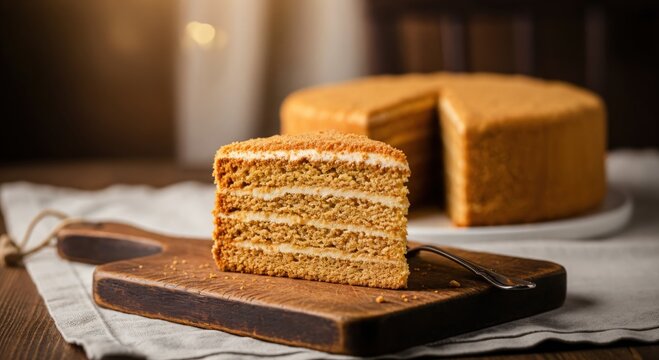 A delicious slice of homemade layered honey cake, known as Medovik, served on a rustic wooden cutting board in a cozy setting.