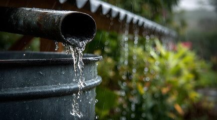 Close-up of a rainwater harvesting system with water flowing from a gutter into a collection barrel.