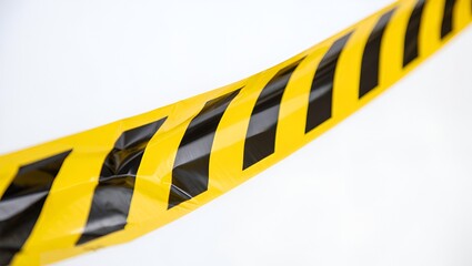 Diagonal yellow tape with black stripes curves against bright white backdrop, signaling caution.