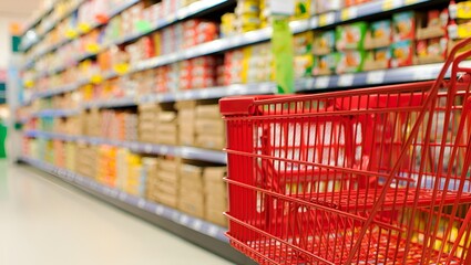 Blurred grocery store aisle view from a low perspective featuring a red shopping cart focused.