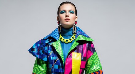 Fototapeta premium Confident woman in colorful futuristic fashion studio portrait.