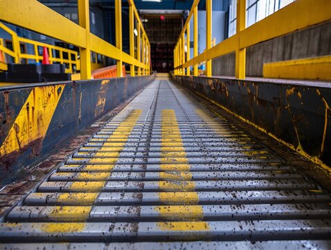 Perspective view reveals a worn industrial conveyor belt with yellow safety markings and side rails.
