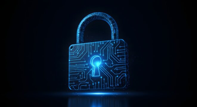 Futuristic digital padlock icon with glowing circuit board pattern representing cybersecurity and data protection technology.
