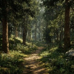 Obraz premium Sunlit Forest Path: A Tranquil Journey Through Lush Greenery and Peaceful Woodland
