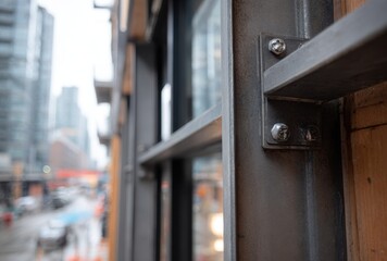 Close-up of a black metal window frame with glass panes in an urban setting during daytime