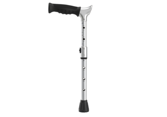 Adjustable silver walking cane with black handle isolated on transparent background
