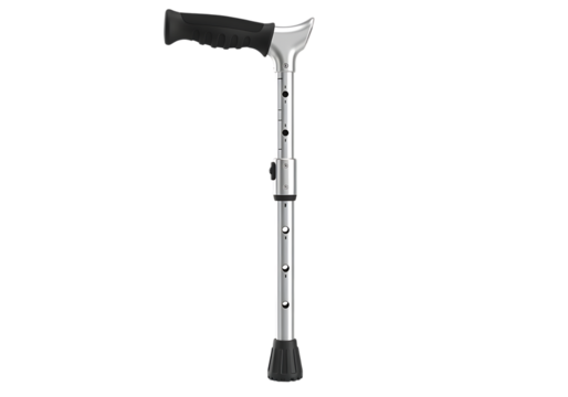 Adjustable silver walking cane with black handle isolated on transparent background