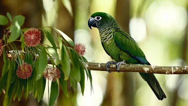 Vivid green parrot perched on branch amidst lush foliage with colorful flowers