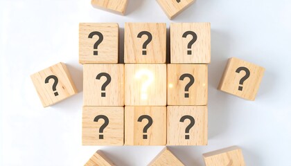 Wooden blocks with question marks, a highlighted question mark in the center