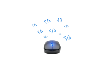 Computer mouse with glowing code symbols isolated on transparent background