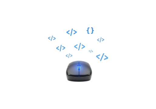 Computer mouse with glowing code symbols isolated on transparent background