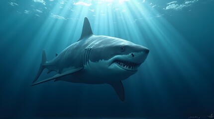Fototapeta premium Magnificent Great White Shark Glides Through Sunlit Ocean Depths A Captivating Glimpse Beneath the Waves with Jaws Aglow